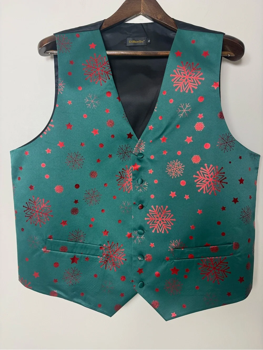 Men’s Christmas Silk Vest Green Red Snowflake XL Festive Party Tuxedo